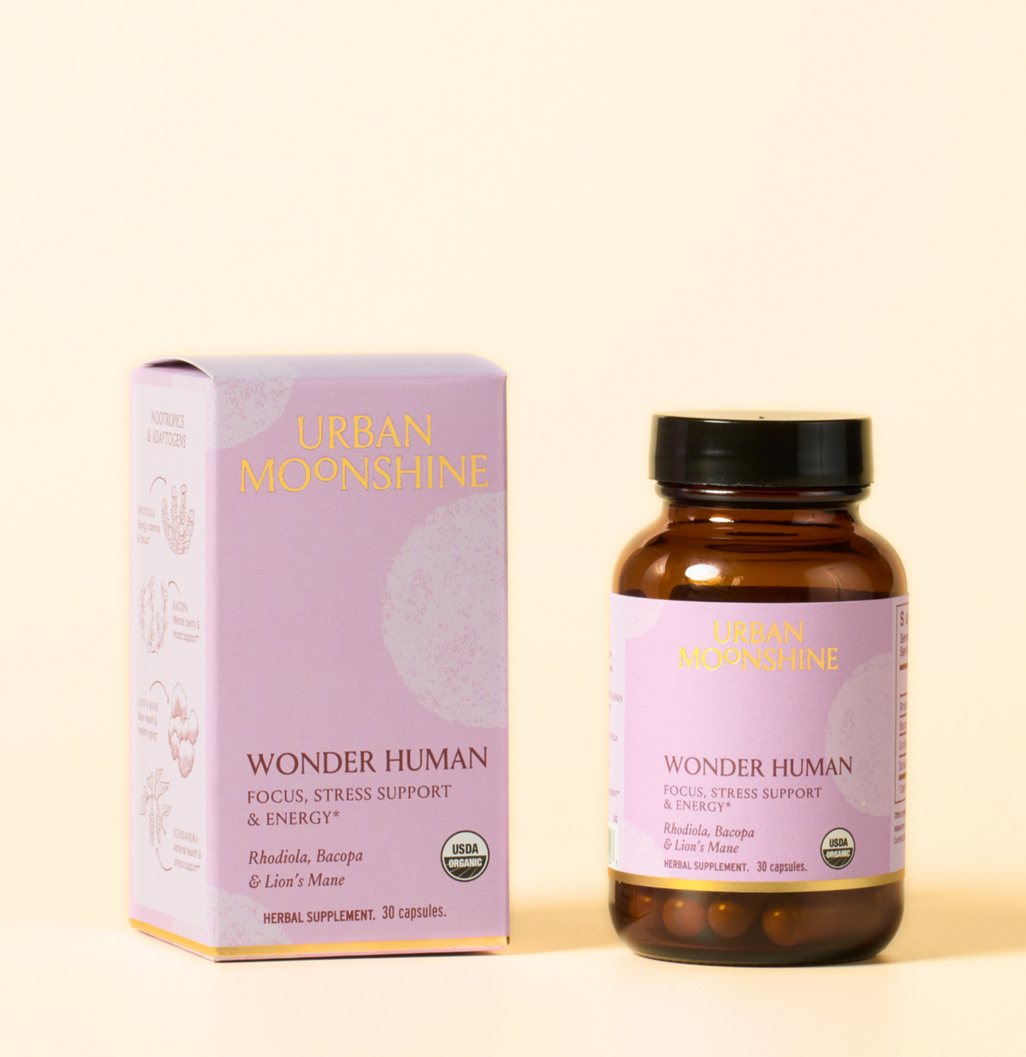 Urban Moonshine Wonder Human bottle. Herbal Supplement for Focus, Stress Support & Energy with Rhodiola, Bacopa & Lion's Mane