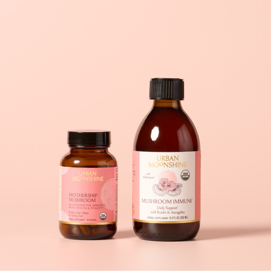 This image features two bottles of dietary supplements, part of the "Shroom Stack" product line. On the left is a smaller bottle labeled "Mothership Mushroom," and on the right is a larger bottle labeled "Mushroom Immune"