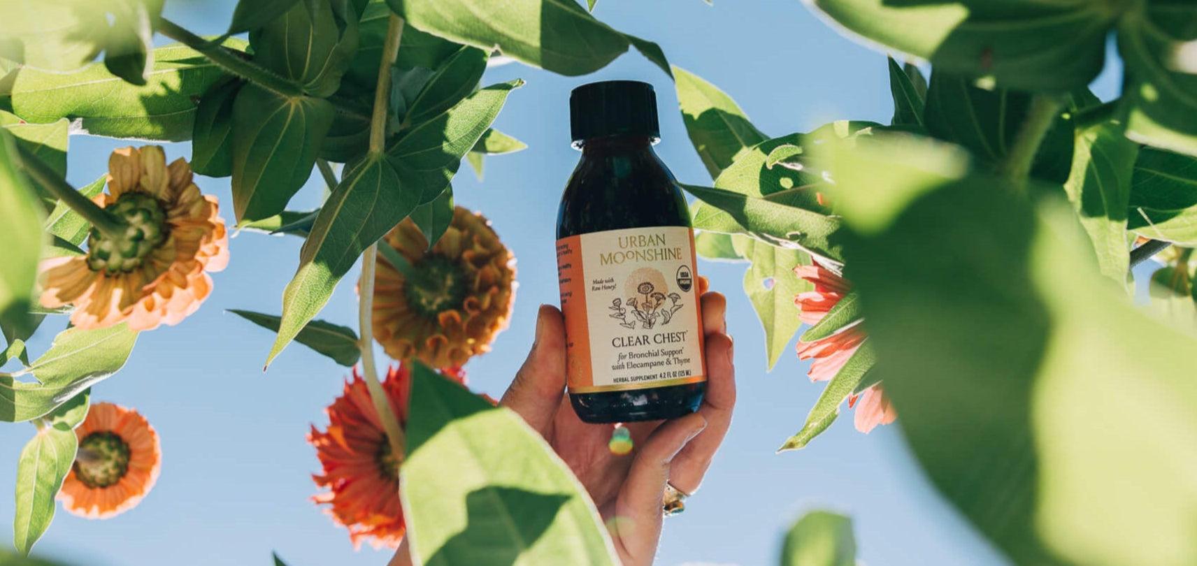 Hand holding a bottle of Clear Chest product among flowers and greenery