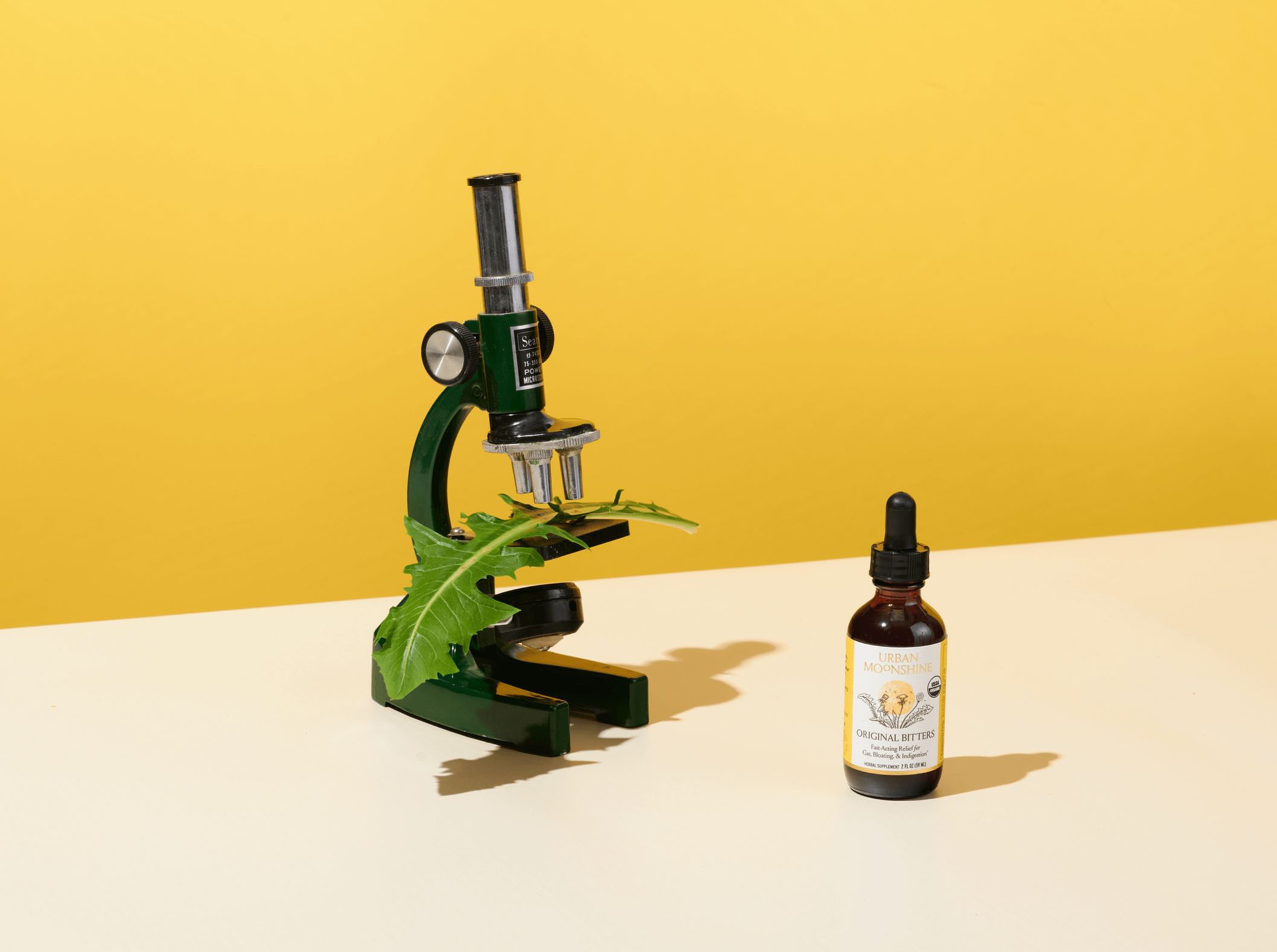 Microscope with a leaf slide and bottle on a yellow background