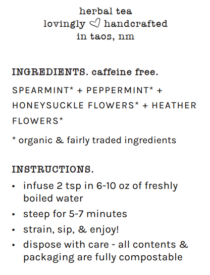 Text description of herbal tea ingredients, instructions, and sustainability information on a white background.