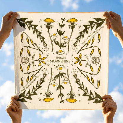Bandana held by four hands against the sky as a background